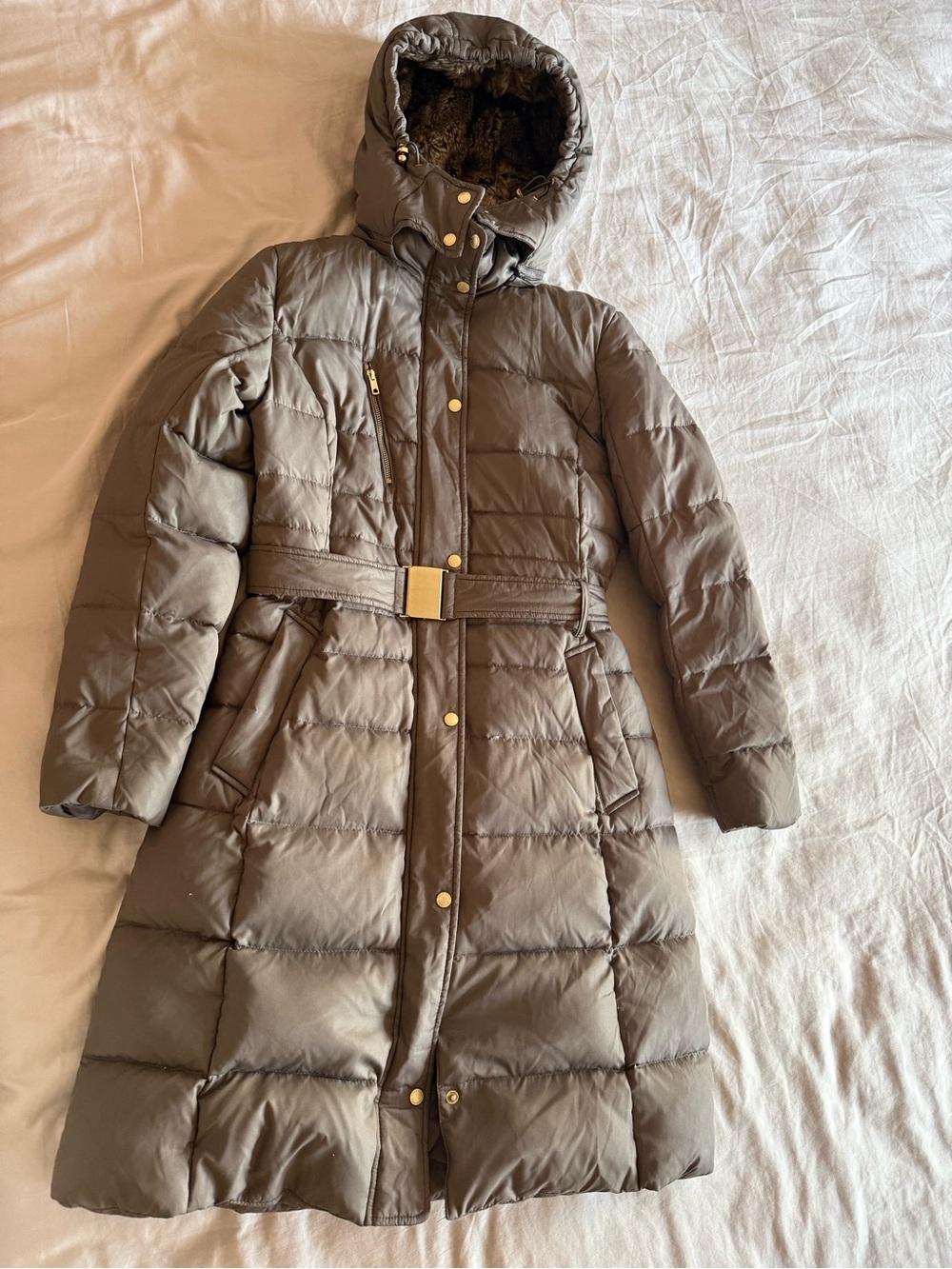 Cole Haan Signature Hooded Belted Down Puffer Long Coat Taupe Brown, Small